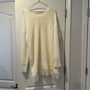 NWT ACOA White V-Neck Sweater Dress with Fringe - Size Large